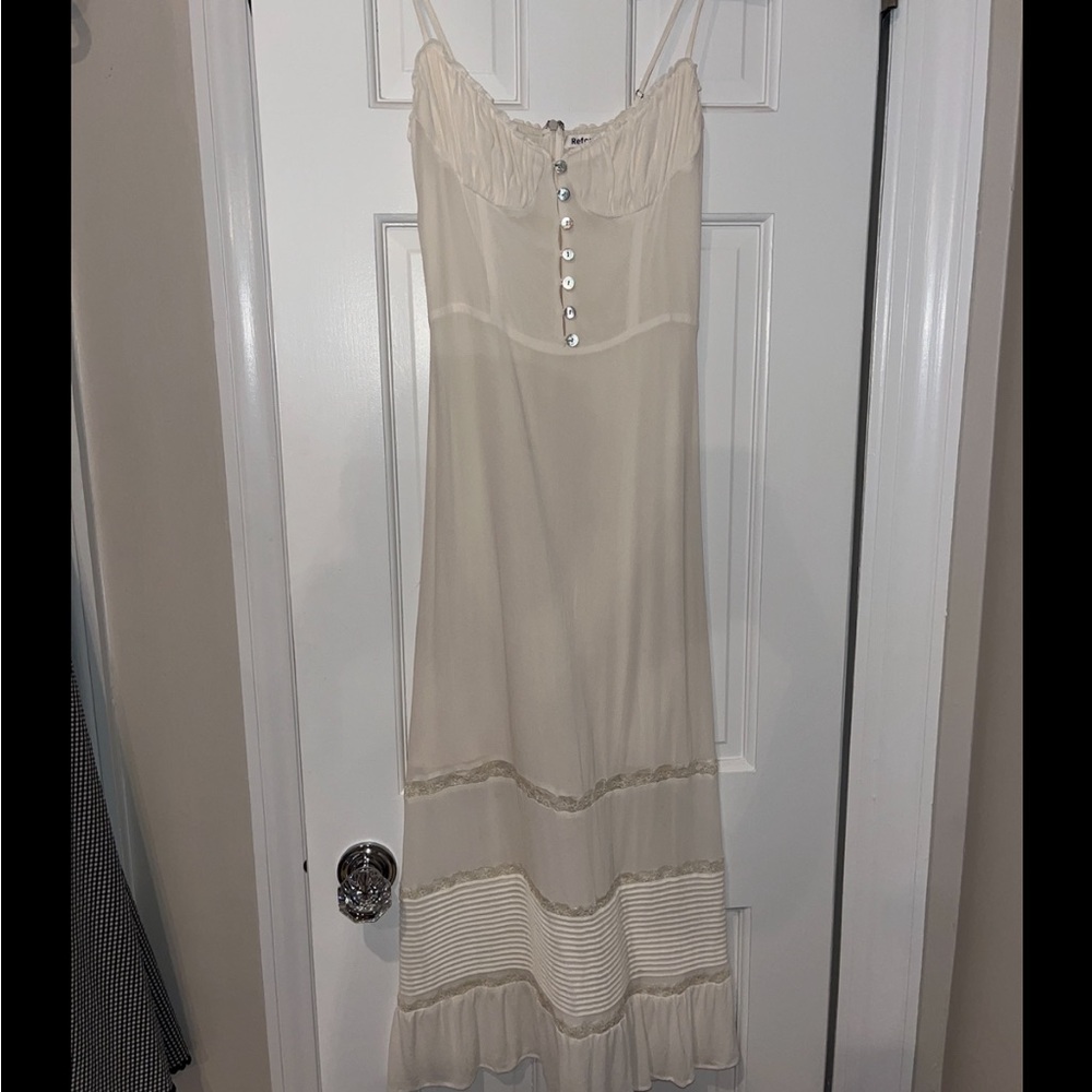 Reformation Cream Midi dress with buttons and lace details